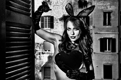 Woman with bunny ears and big heart, Rome, 2016